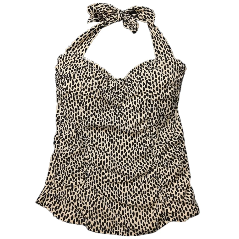 Lands End Cheetah Sweetheart Neck Ruched Halter Tankini Top SZ 6
